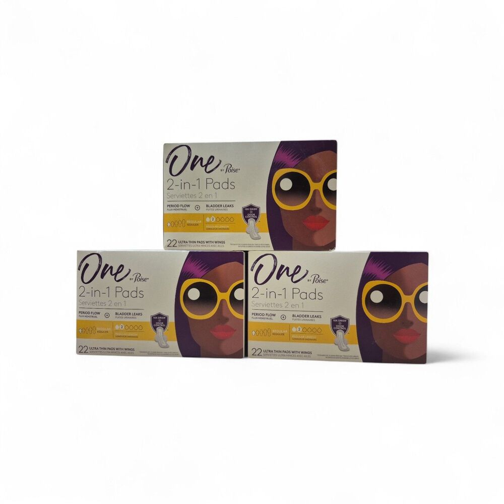 3 X ONE BY POISE 2 IN 1 PADS 2 REGULAR ULTRA THIN PADS w. WINGS 22 PADS EACH